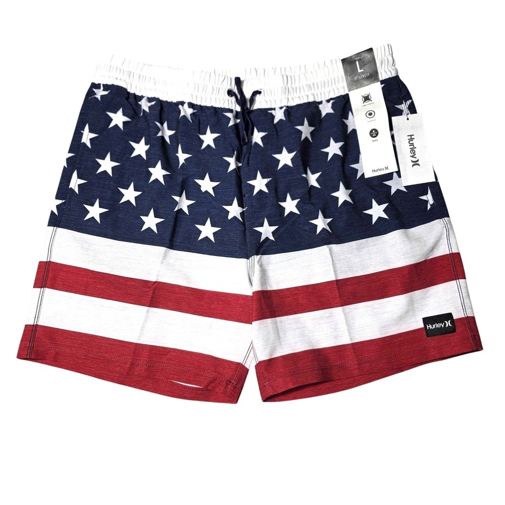 Hurley Patriot Volley Shorts Mens Large 17" American Flag Stars Stripes NWT H687